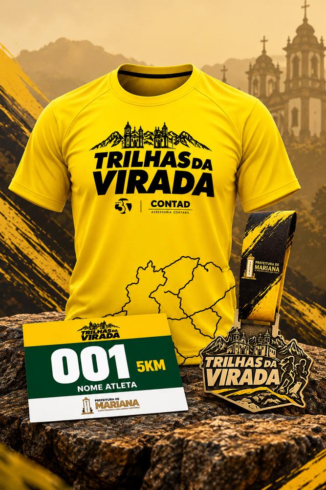 Kit de sábado: camiseta amarela, número de peito verde de 5 km, sacochila e medalha